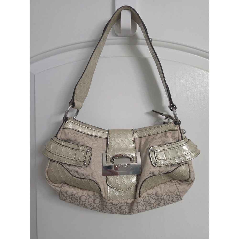 GUESS Y2K Beige Monogram Canvas Small Hobo Shoulder Bag  Logo Purse